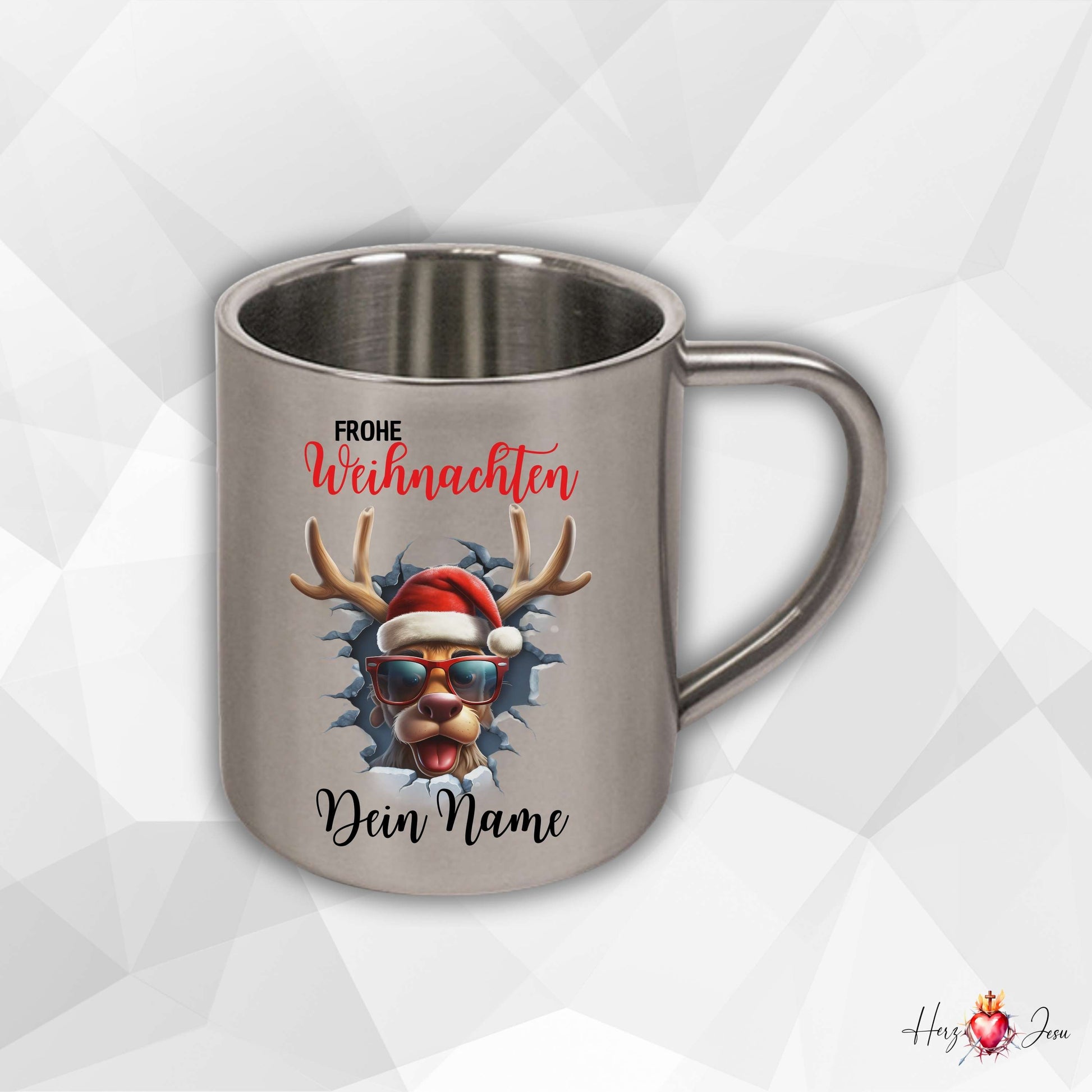 Edelstahltasse mit Namen, Weihnachtsmotiv, Rentier Design