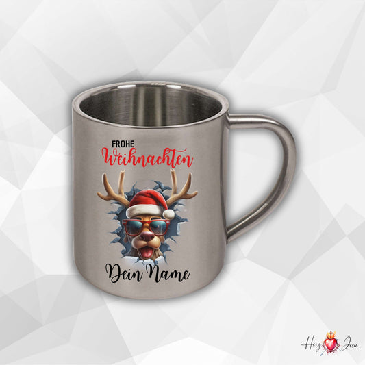 Edelstahltasse mit Namen, Weihnachtsmotiv, Rentier Design