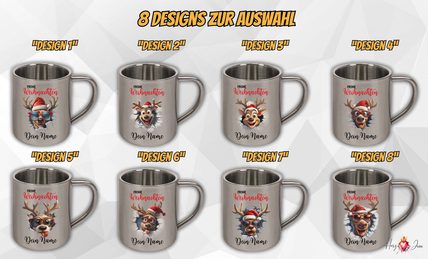 Personalisierte Edelstahl Tasse mit Namen Kaffeetasse Geschenkidee Camping Weihnachtsmotiv 3D Rentier Motiv_021K