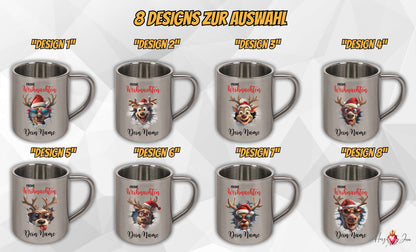 Personalisierte Edelstahl Tasse mit Namen Kaffeetasse Geschenkidee Camping Weihnachtsmotiv 3D Rentier Motiv_021K
