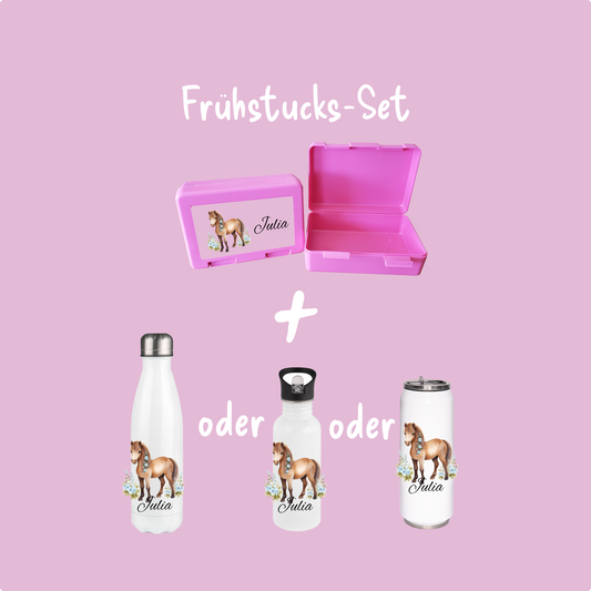 Personalisierte Brotzeitbox mit Trinkflasche mit Namen Pferde Einschulung_0013G