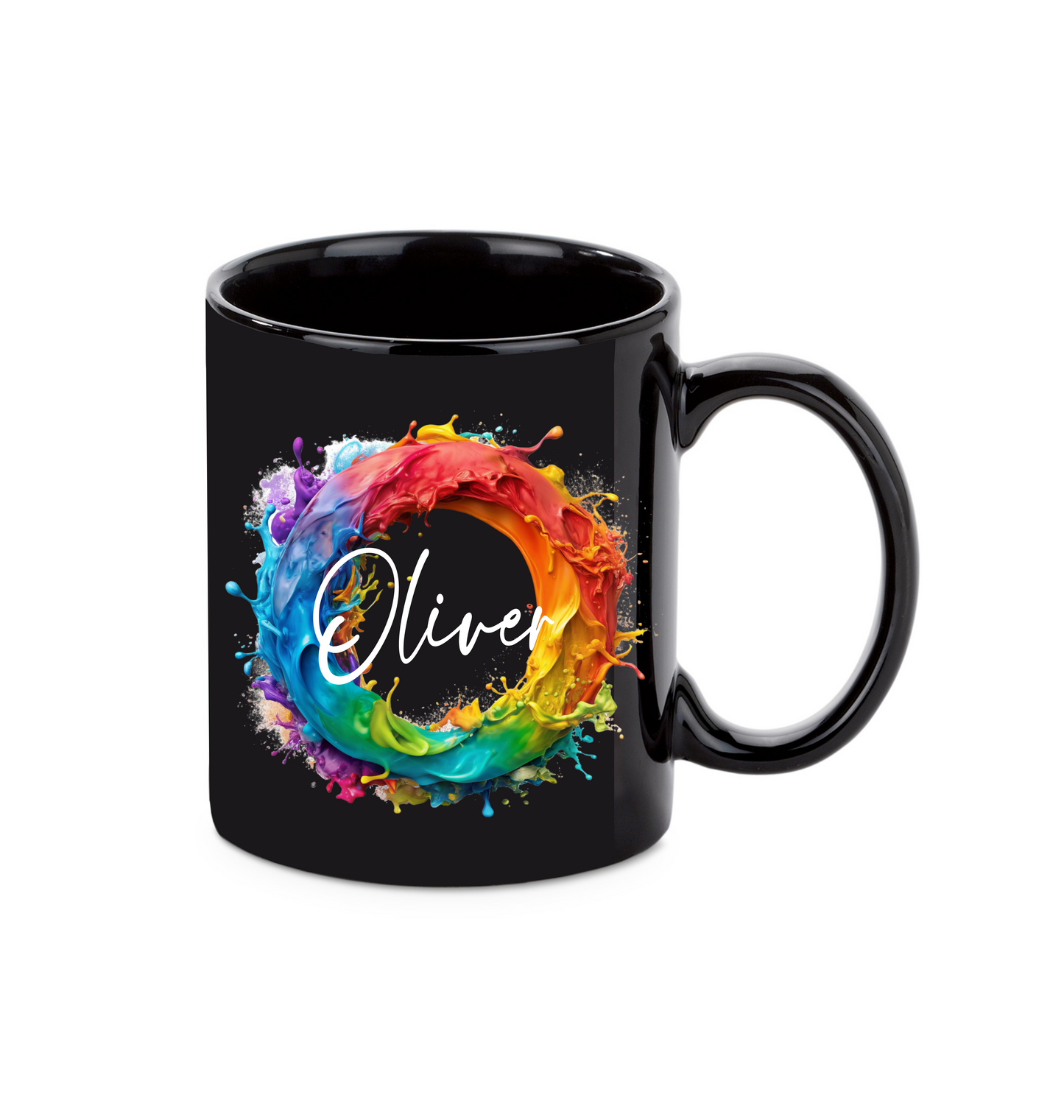 Personalisierte schwarze Keramik Tasse mit deinem Namen Regenbogen_0009T