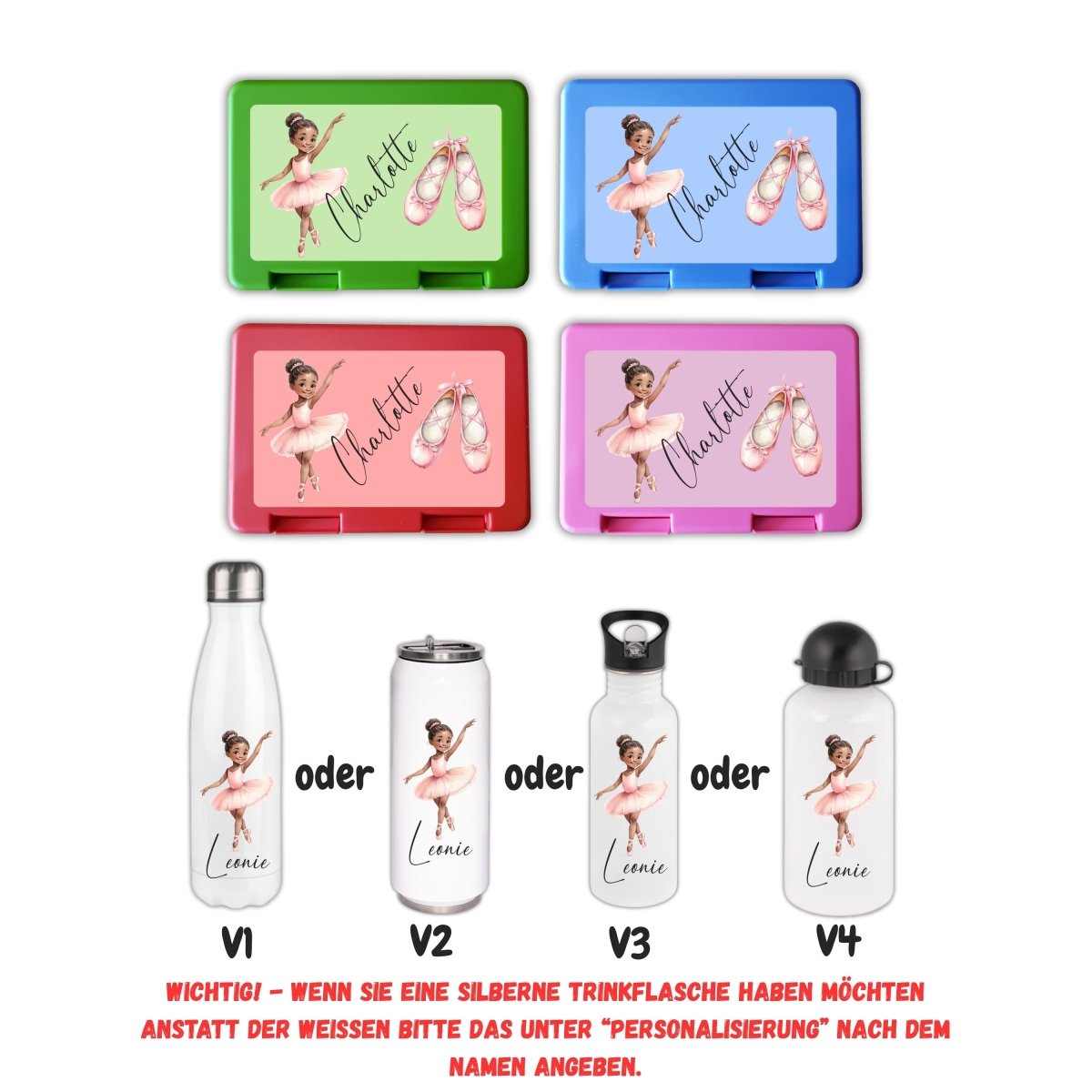 Personalisierte Brotzeitbox mit Trinkflasche mit Namen Ballerina Tanzen Einschulung_0021G - Herz Jesu
