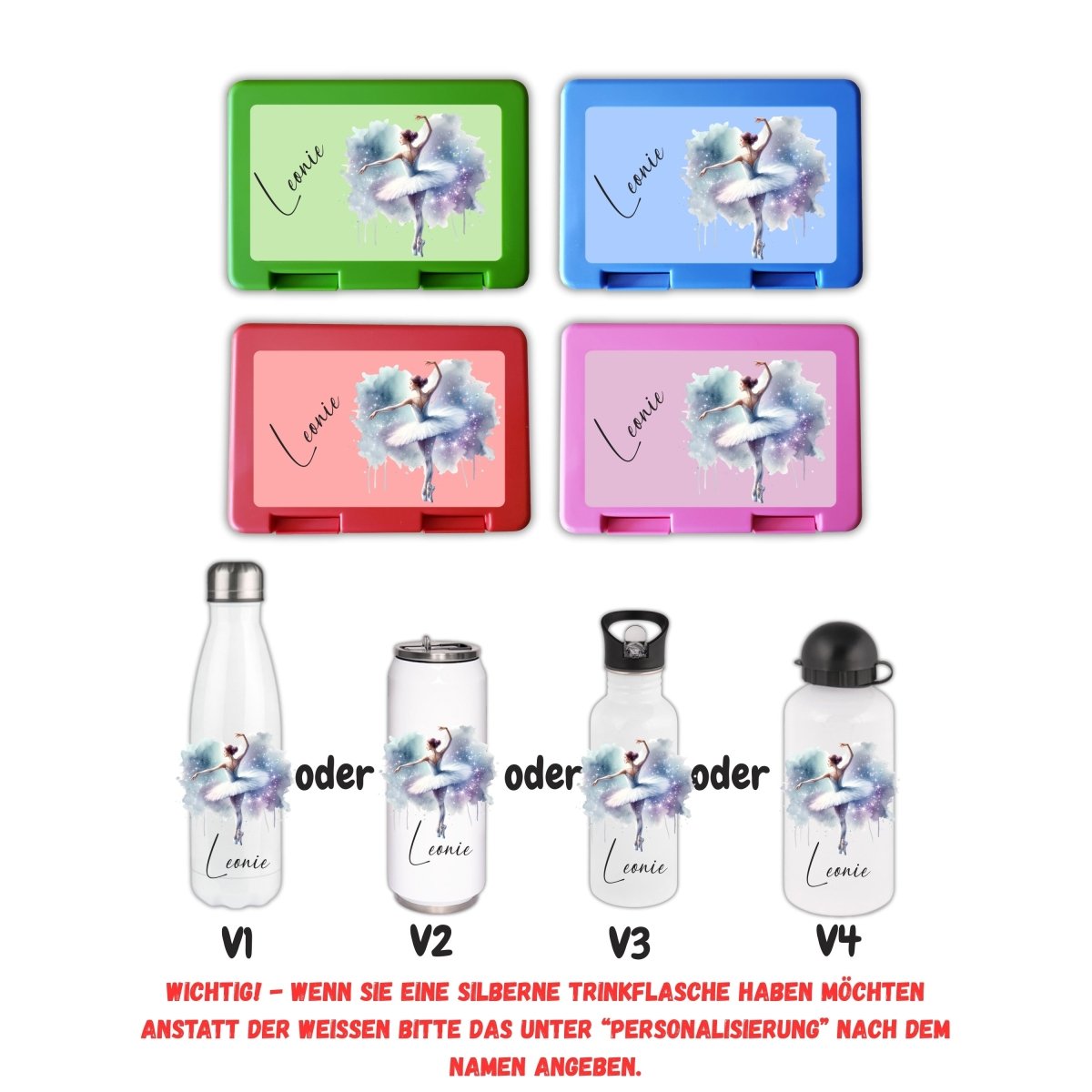 Personalisierte Brotzeitbox mit Trinkflasche mit Namen Ballerina Tanzen Einschulung_0022G - Herz Jesu