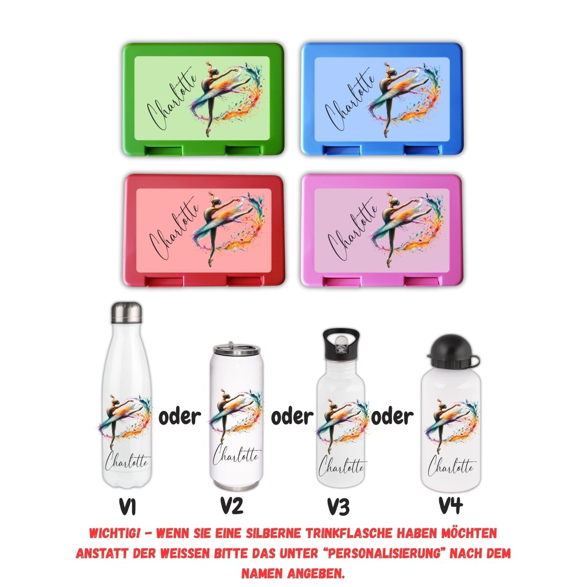 Personalisierte Brotzeitbox mit Trinkflasche mit Namen Ballerina Tanzen Einschulung_0022G - Herz Jesu