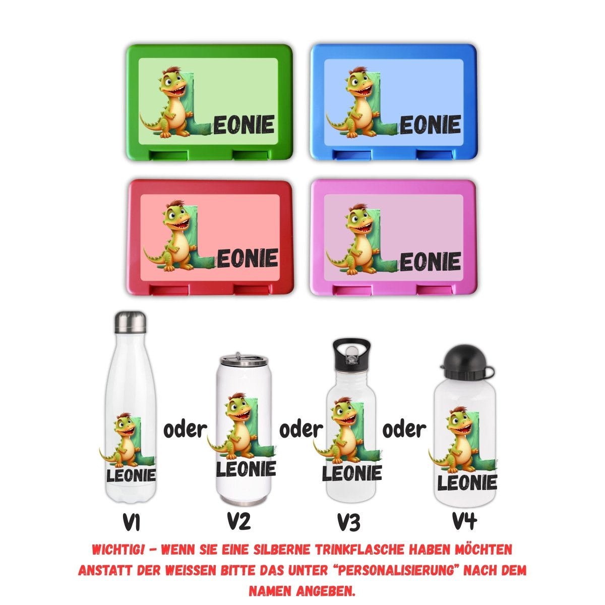 Personalisierte Brotzeitbox mit Trinkflasche mit Namen Dinosaurier Einschulung_0012G - Herz Jesu