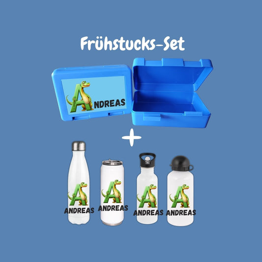 Personalisierte Brotzeitbox mit Trinkflasche mit Namen Dinosaurier Einschulung_0012G - Herz Jesu