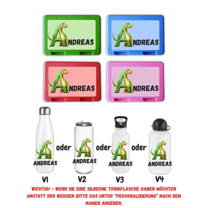 Personalisierte Brotzeitbox mit Trinkflasche mit Namen Dinosaurier Einschulung_0012G - Herz Jesu