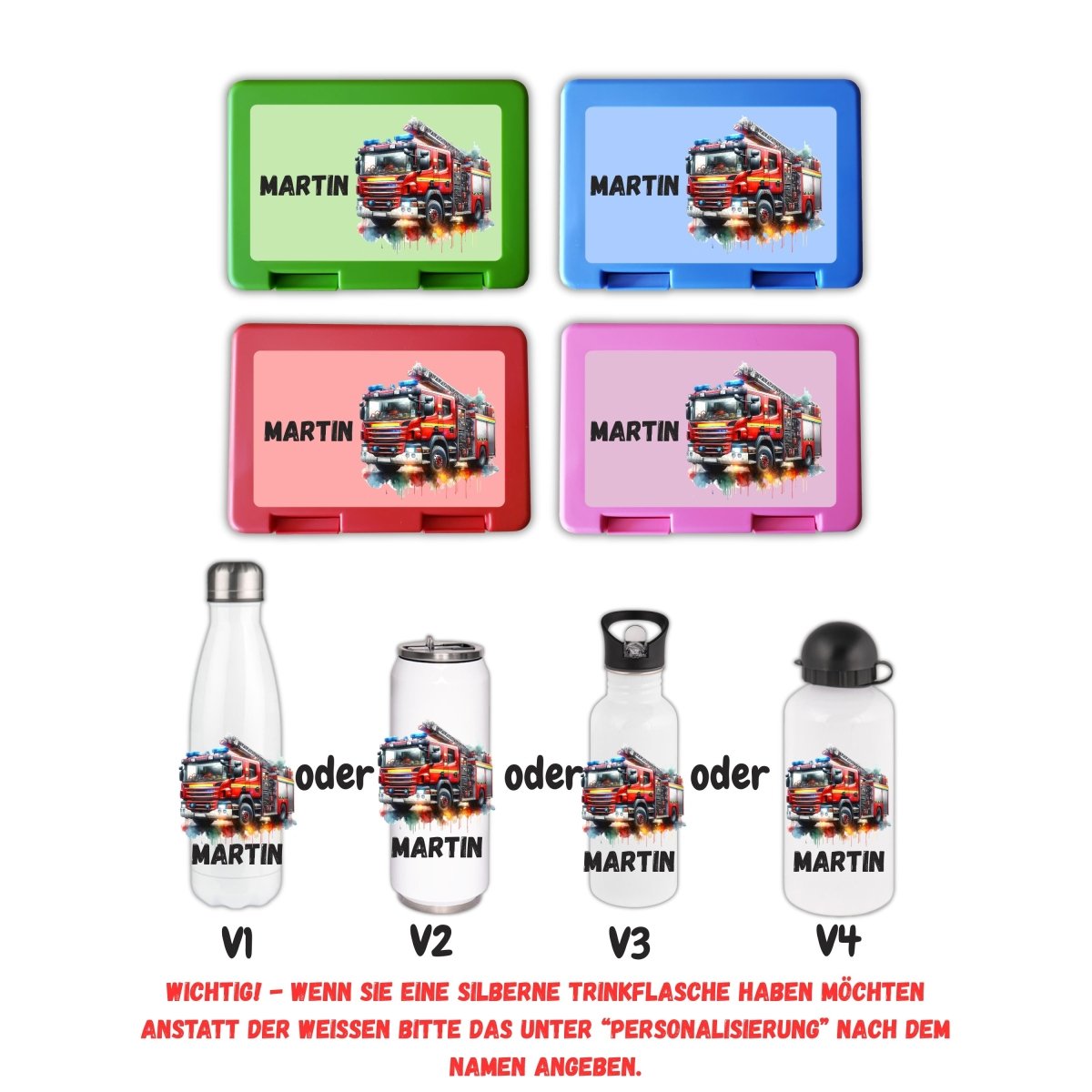 Personalisierte Brotzeitbox mit Trinkflasche mit Namen Feuerwehr Einschulung_0018G - Herz Jesu