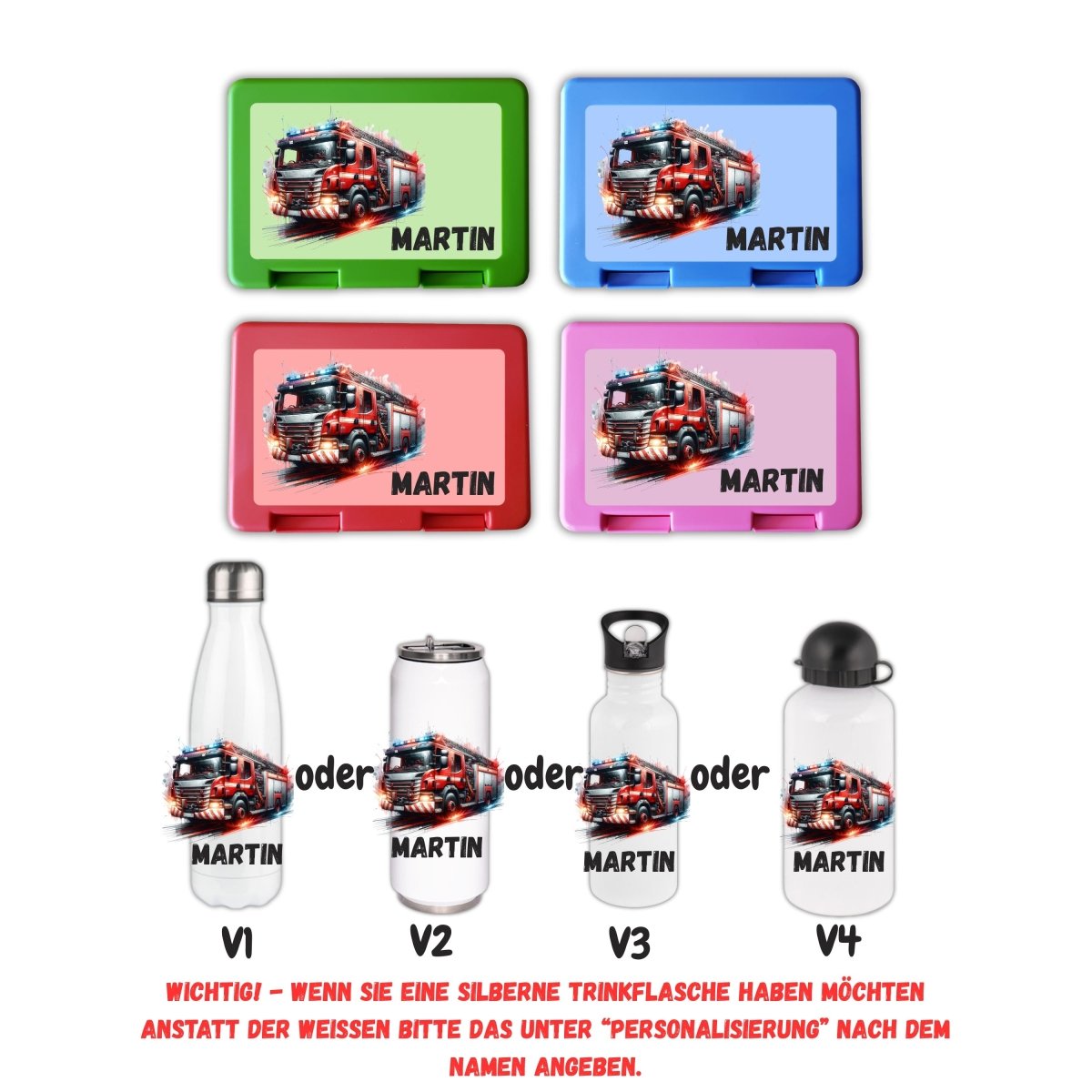 Personalisierte Brotzeitbox mit Trinkflasche mit Namen Feuerwehr Einschulung_0018G - Herz Jesu