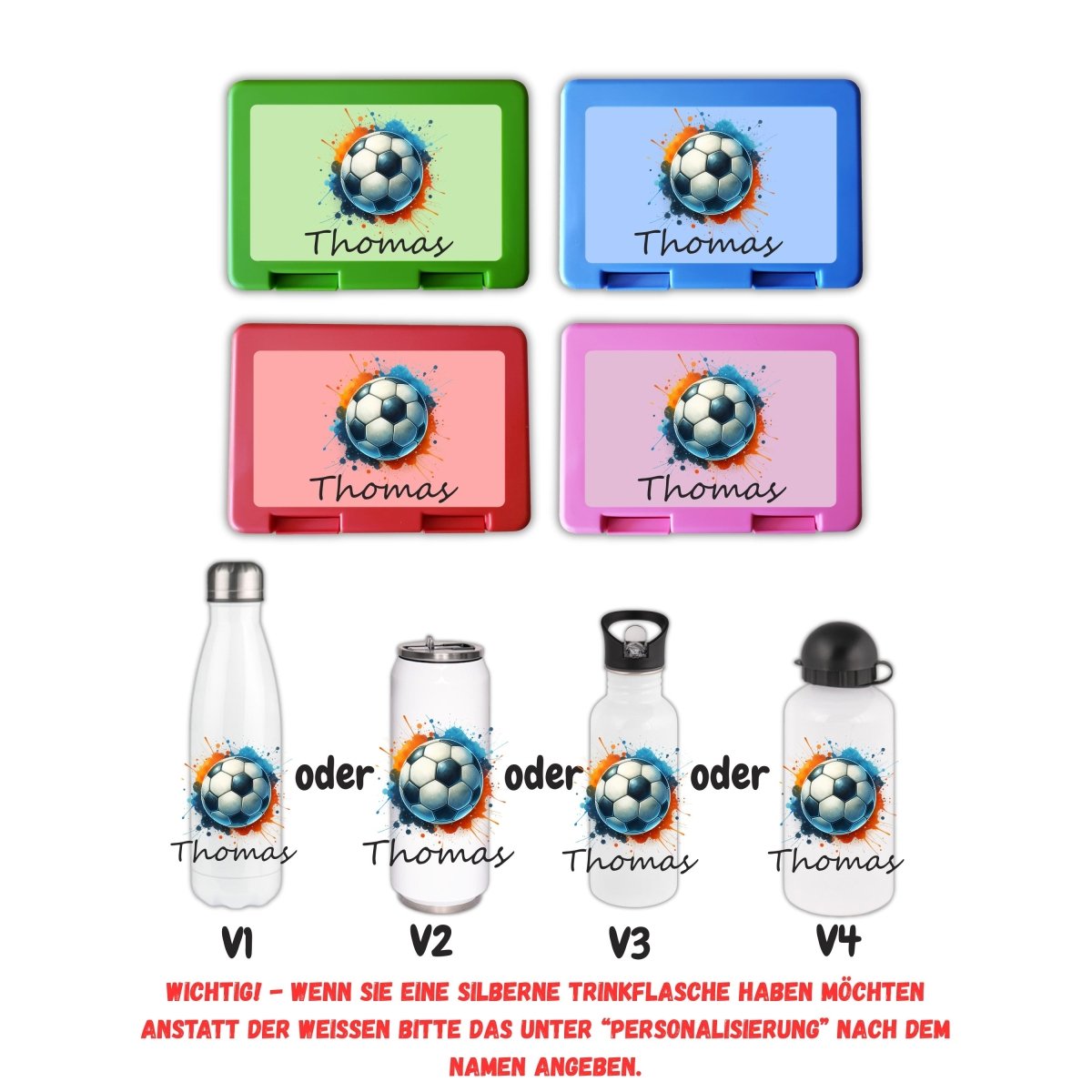 Personalisierte Brotzeitbox mit Trinkflasche mit Namen Fußball Einschulung_0006G - Herz Jesu