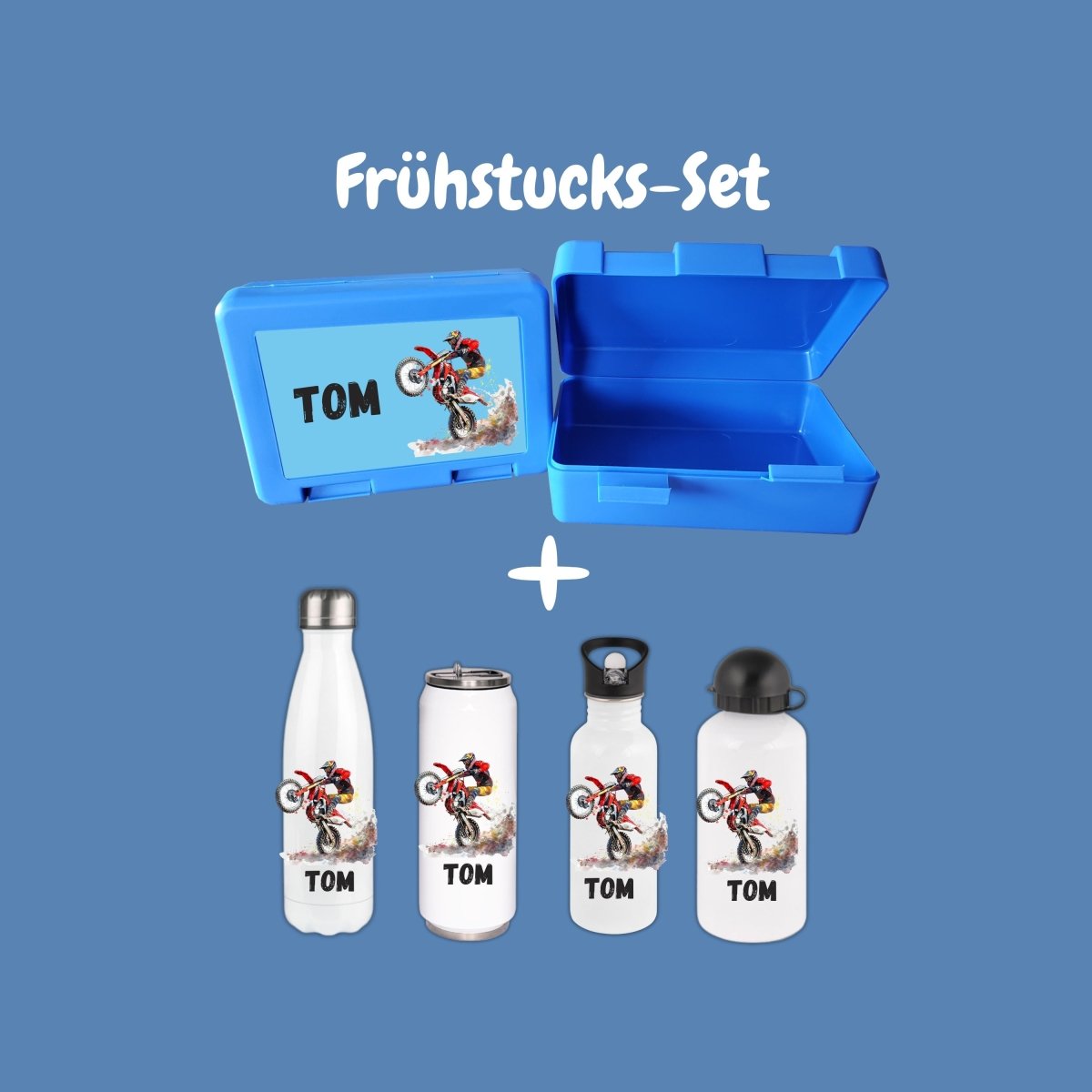 Personalisierte Brotzeitbox mit Trinkflasche mit Namen Motorcross Einschulung_0020G - Herz Jesu