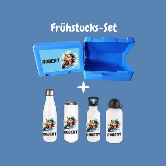 Personalisierte Brotzeitbox mit Trinkflasche mit Namen Motorrad Einschulung_0008G - Herz Jesu