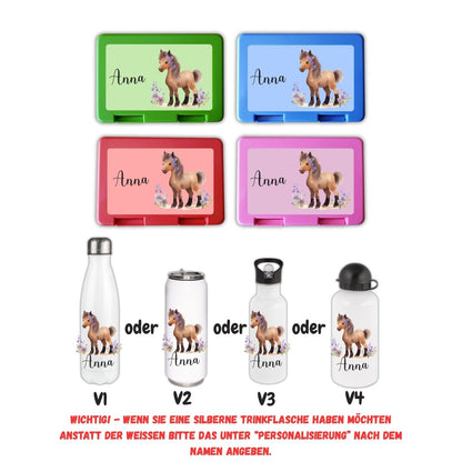 Personalisierte Brotzeitbox mit Trinkflasche mit Namen Pferde Einschulung_0013G - Herz Jesu