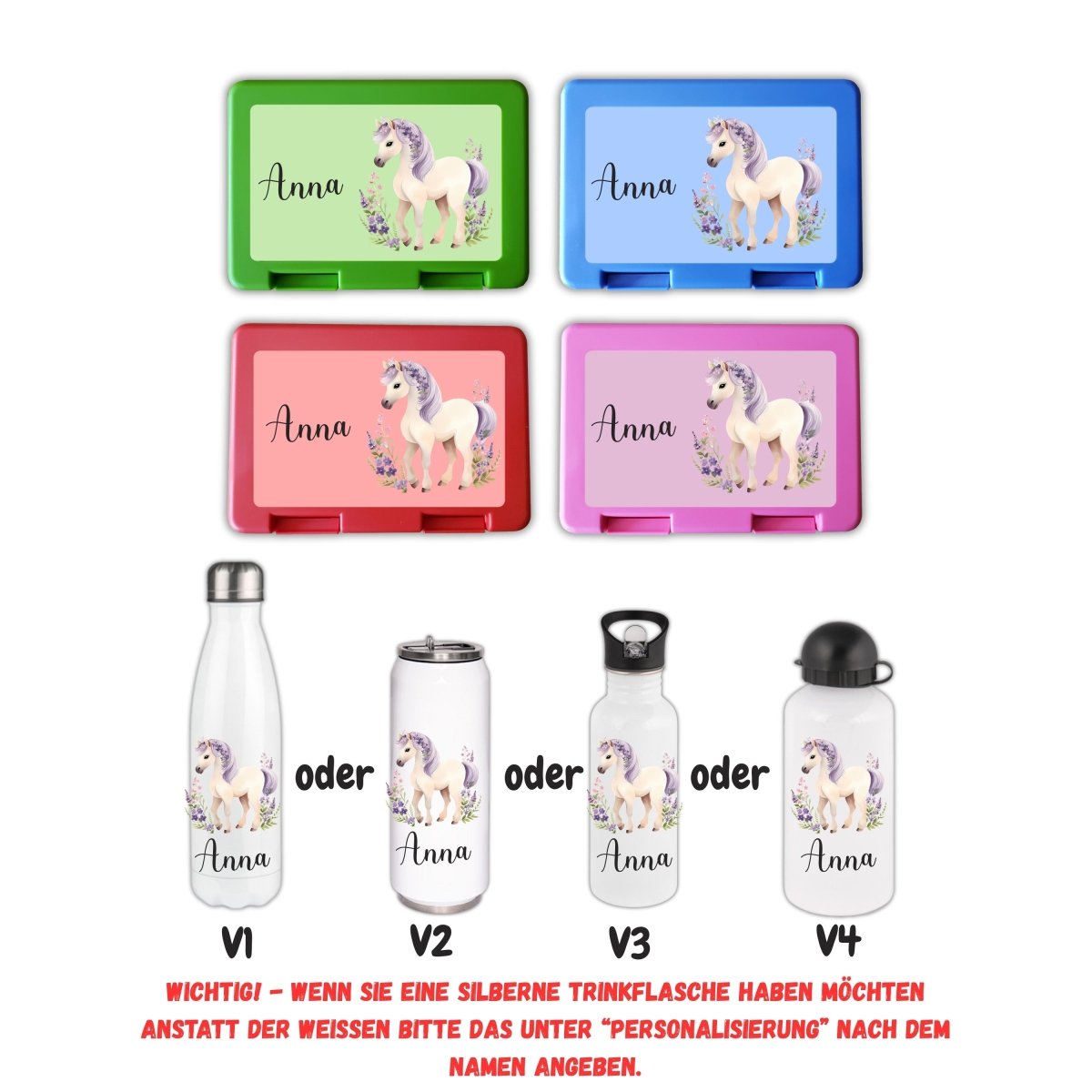Personalisierte Brotzeitbox mit Trinkflasche mit Namen Pferde Einschulung_0013G - Herz Jesu