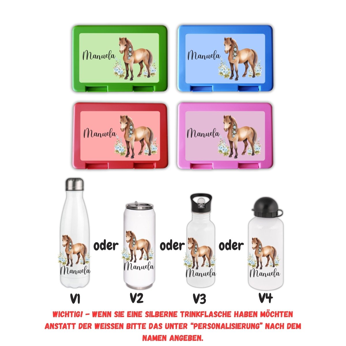 Personalisierte Brotzeitbox mit Trinkflasche mit Namen Pferde Einschulung_0013G - Herz Jesu