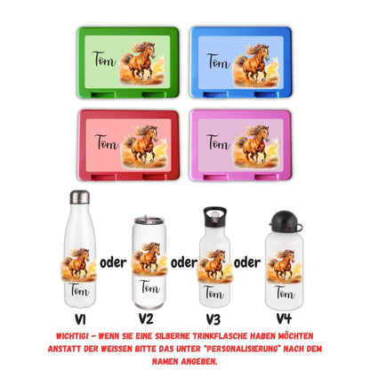 Personalisierte Brotzeitbox mit Trinkflasche mit Namen Pferde Einschulung_0019G - Herz Jesu