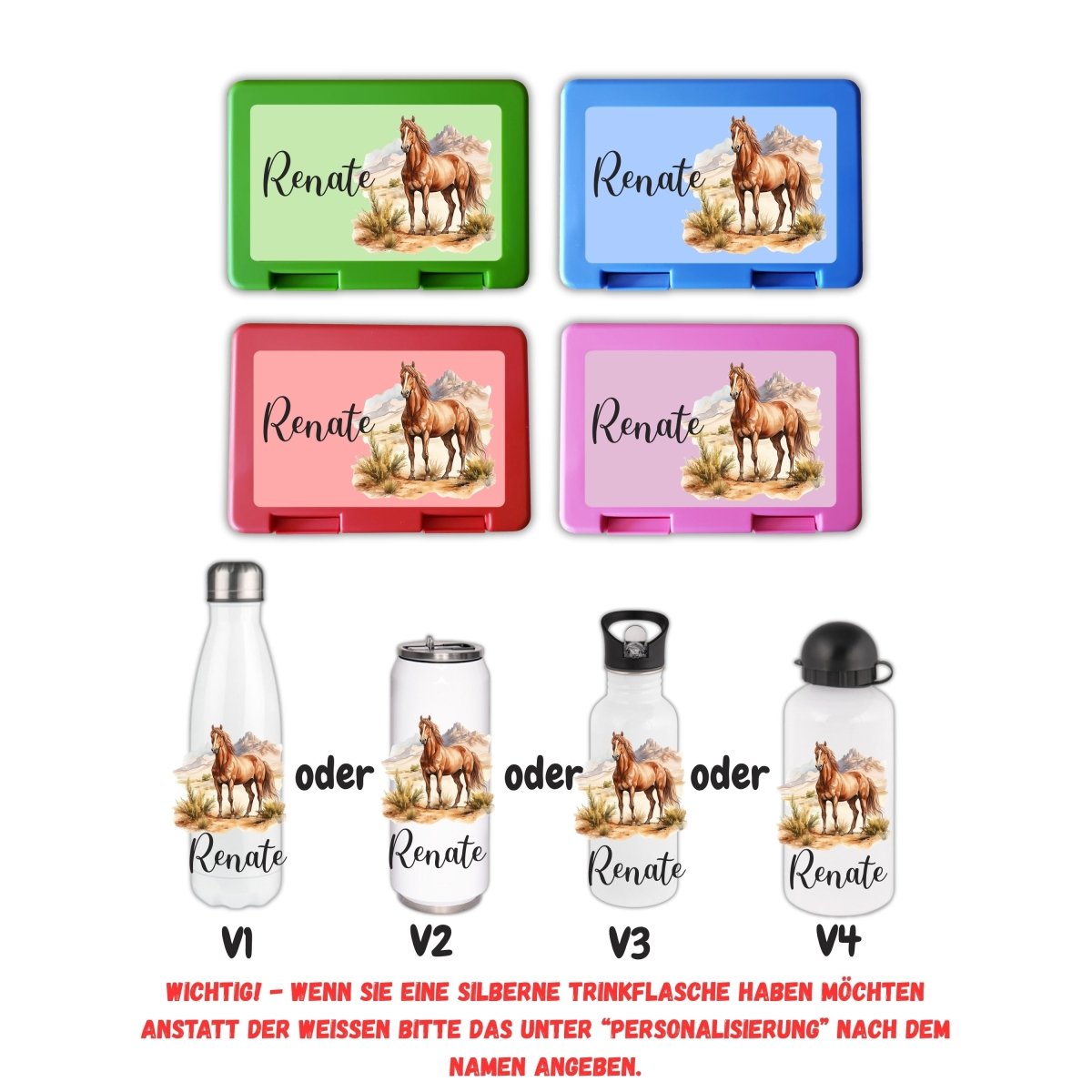 Personalisierte Brotzeitbox mit Trinkflasche mit Namen Pferde Einschulung_0019G - Herz Jesu