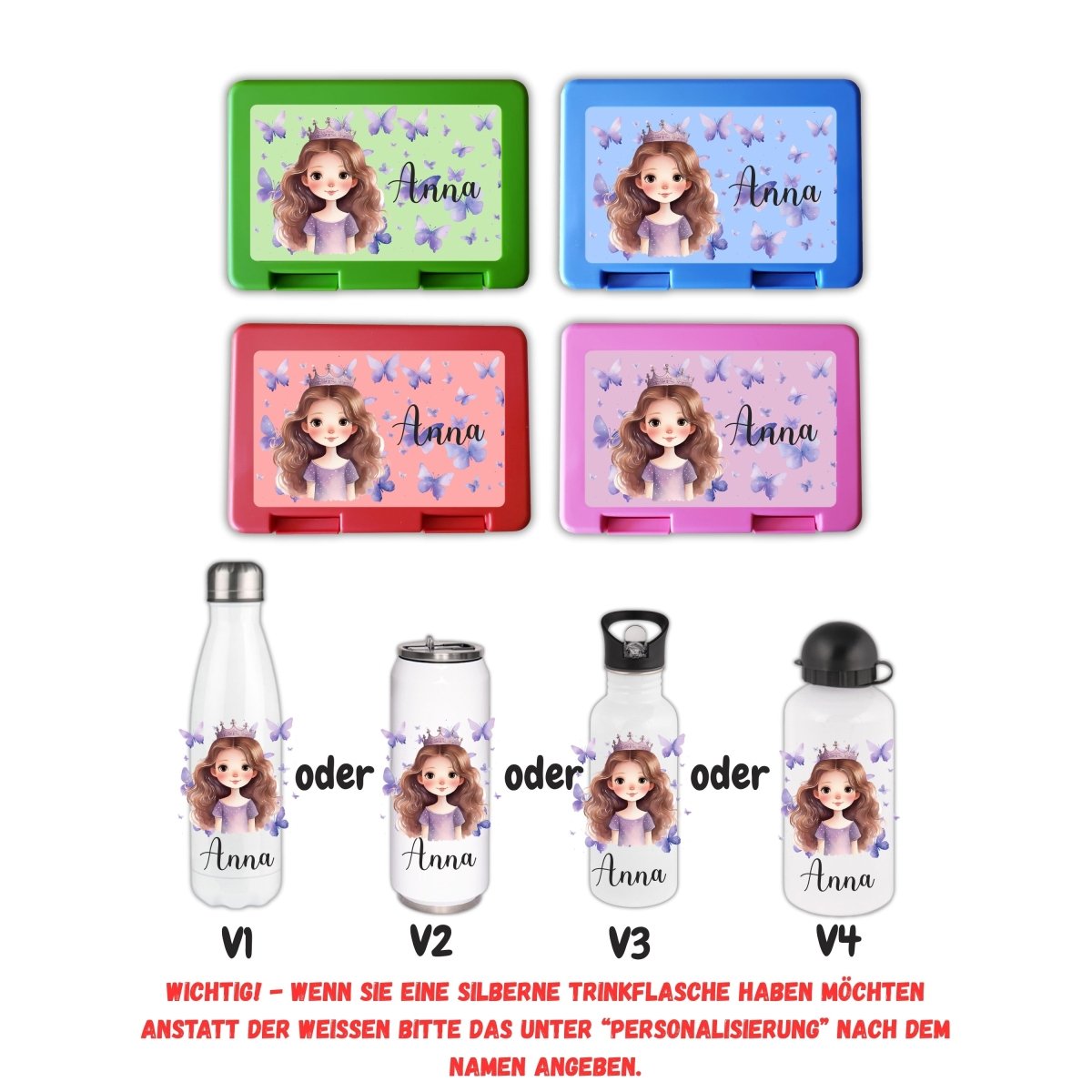 Personalisierte Brotzeitbox mit Trinkflasche mit Namen Prinzessin Einschulung_0014G - Herz Jesu