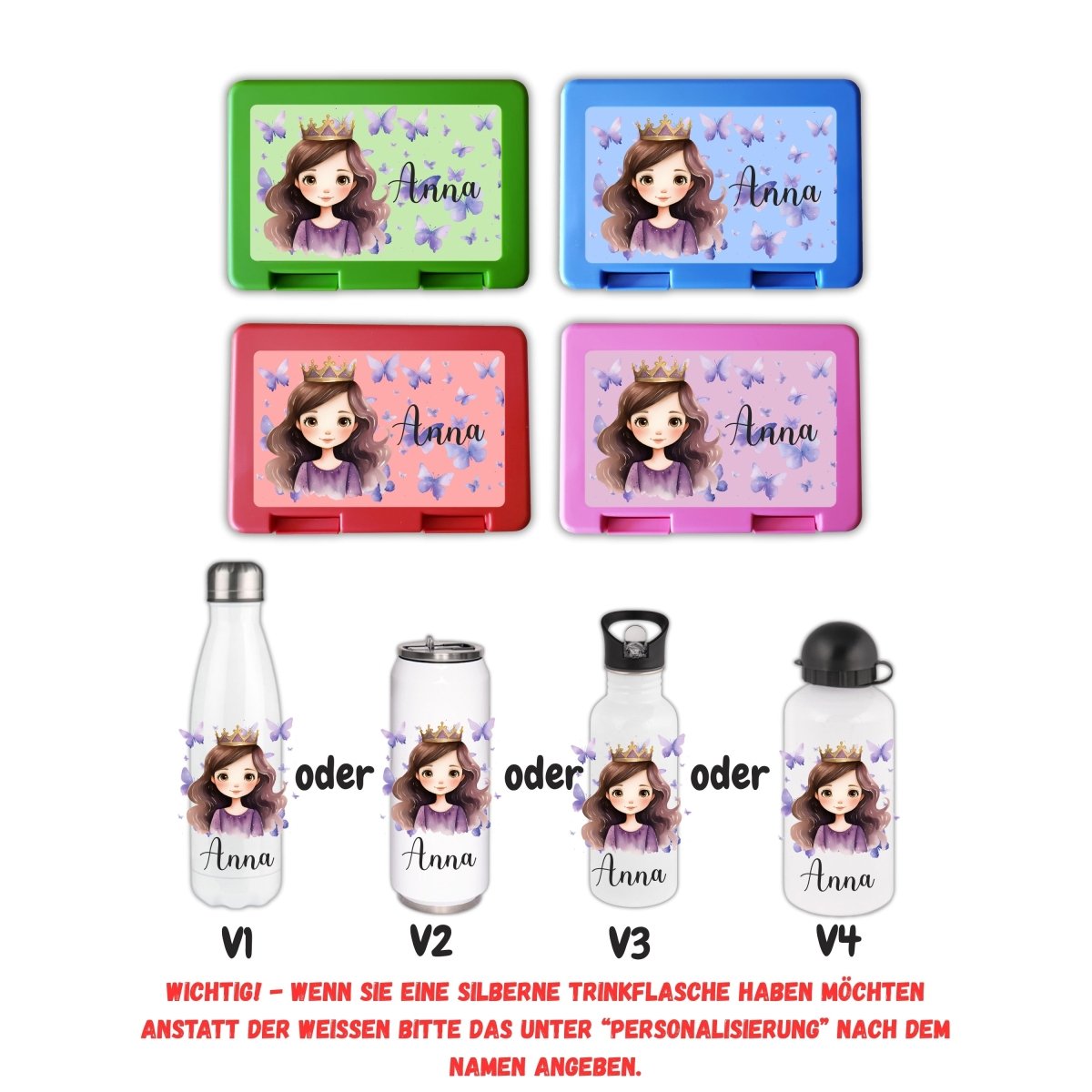 Personalisierte Brotzeitbox mit Trinkflasche mit Namen Prinzessin Einschulung_0014G - Herz Jesu