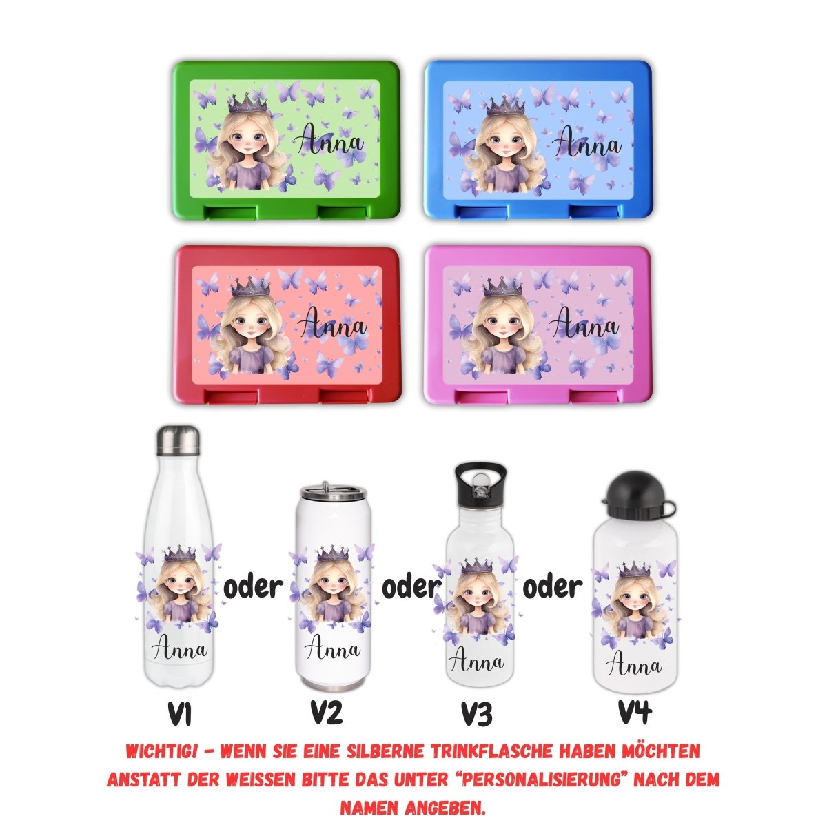 Personalisierte Brotzeitbox mit Trinkflasche mit Namen Prinzessin Einschulung_0014G - Herz Jesu