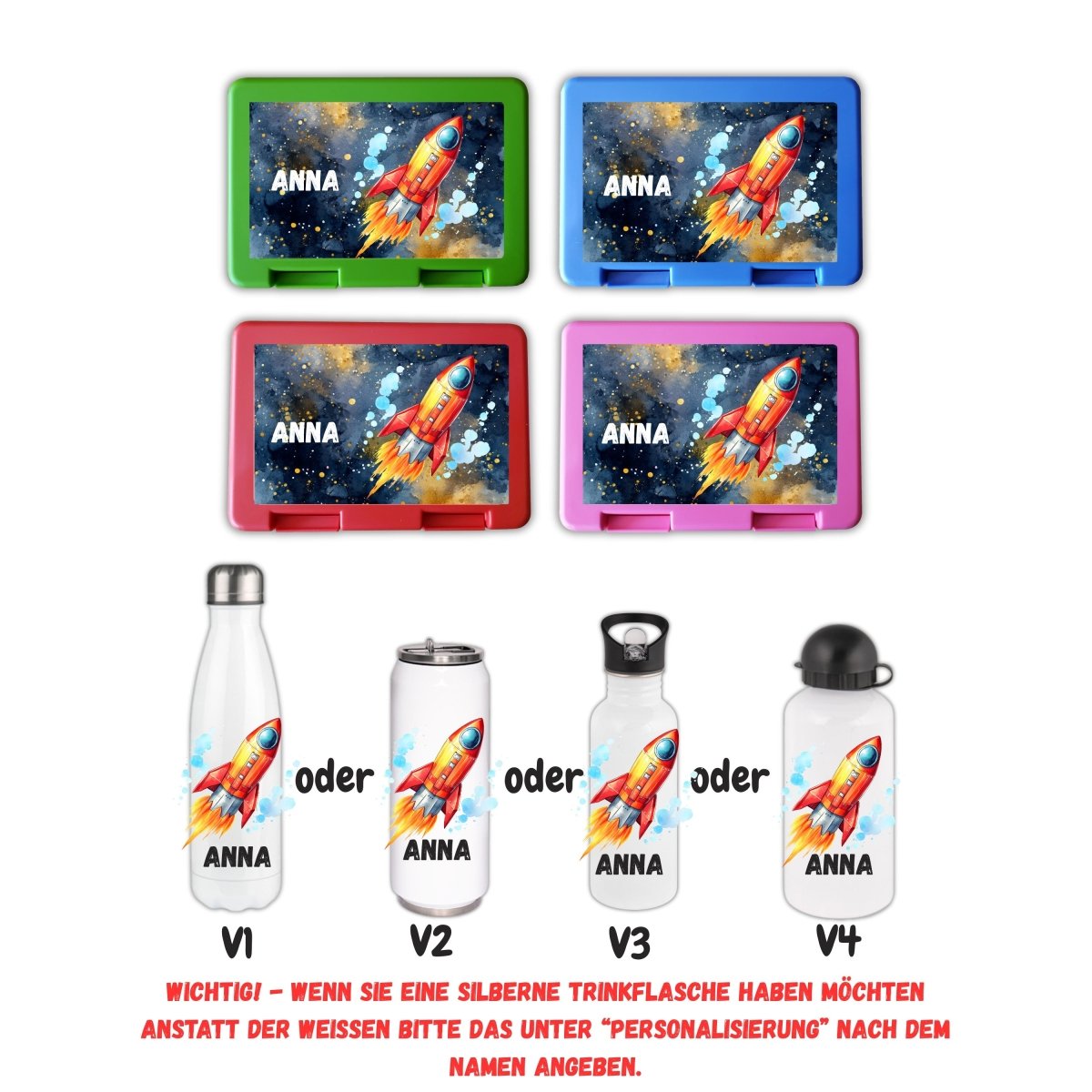 Personalisierte Brotzeitbox mit Trinkflasche mit Namen Rakete Einschulung_0017G - Herz Jesu