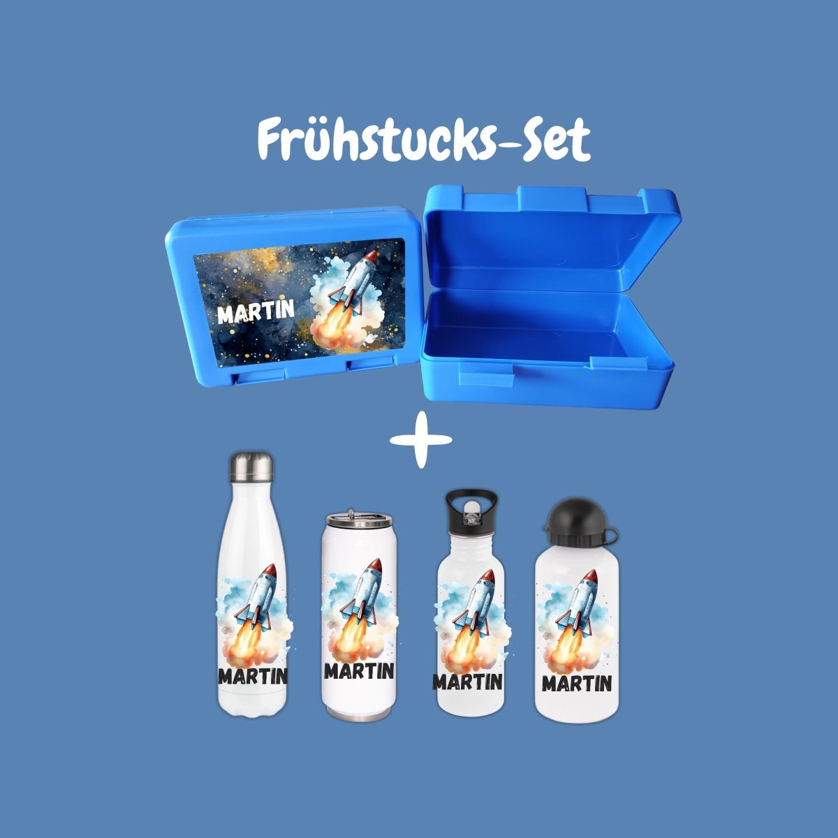 Personalisierte Brotzeitbox mit Trinkflasche mit Namen Rakete Einschulung_0017G - Herz Jesu
