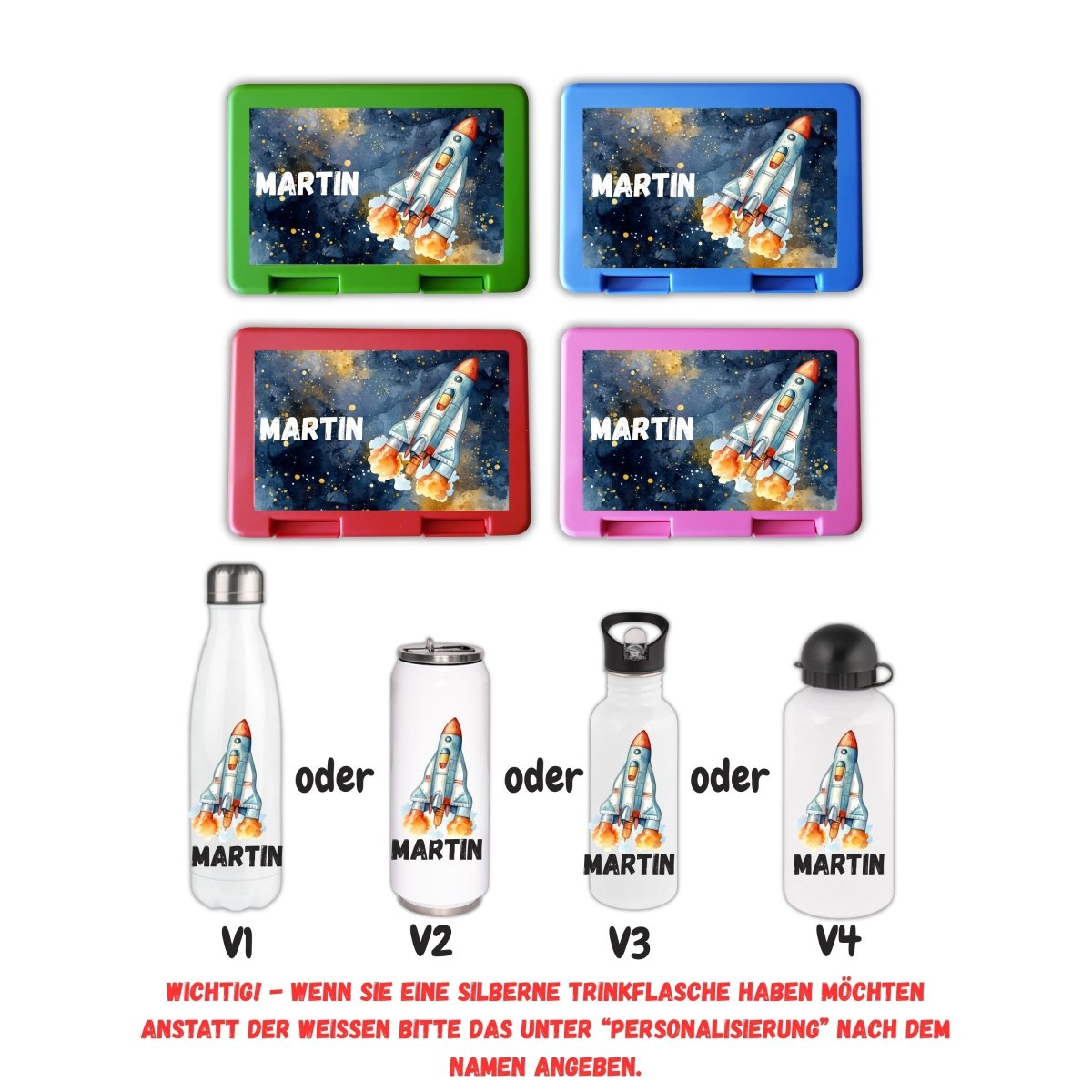 Personalisierte Brotzeitbox mit Trinkflasche mit Namen Rakete Einschulung_0017G - Herz Jesu