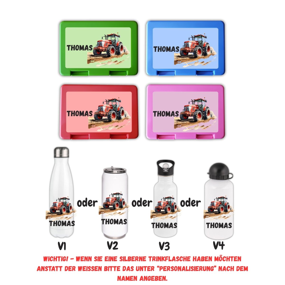 Personalisierte Brotzeitbox mit Trinkflasche mit Namen Traktor Einschulung_0016G - Herz Jesu