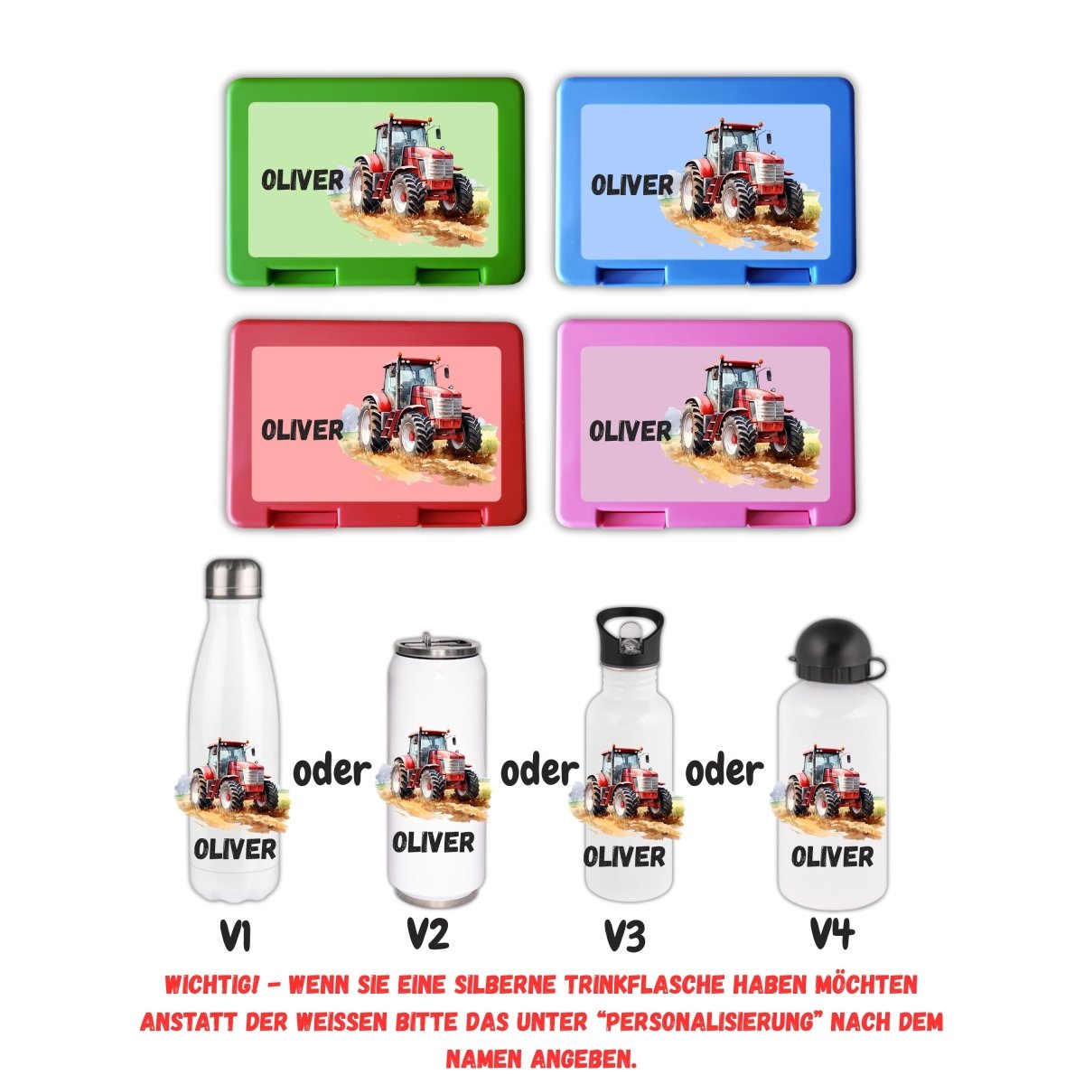 Personalisierte Brotzeitbox mit Trinkflasche mit Namen Traktor Einschulung_0016G - Herz Jesu
