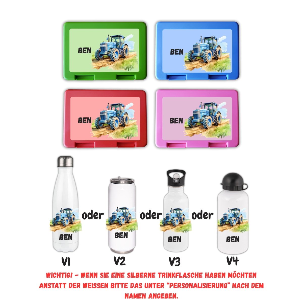 Personalisierte Brotzeitbox mit Trinkflasche mit Namen Traktor Einschulung_0016G - Herz Jesu