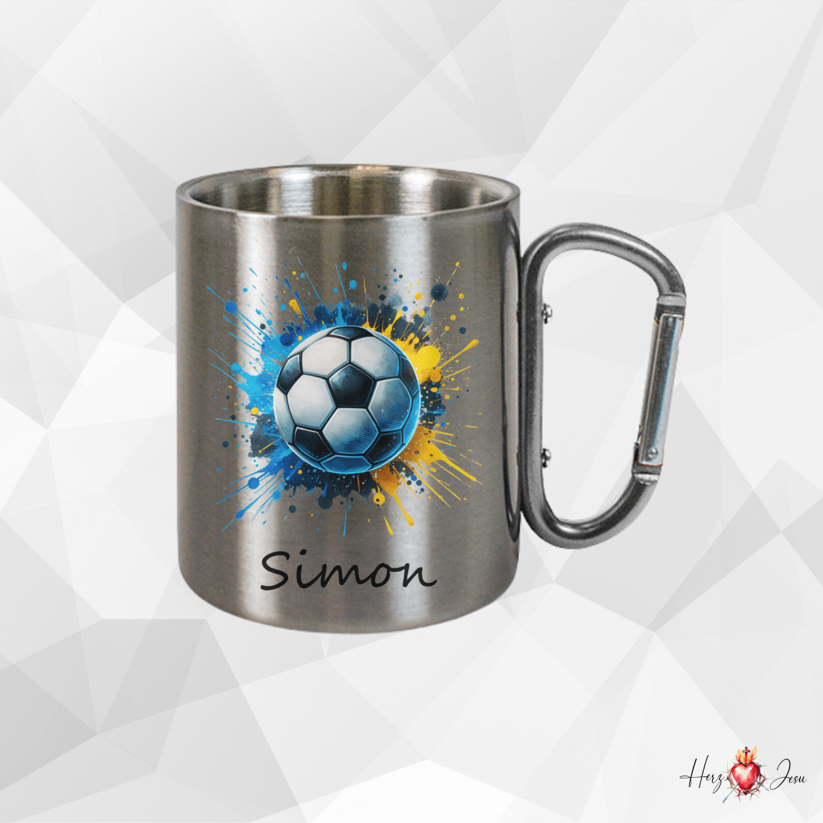 Personalisierte Edelstahl Tasse mit Namen Kaffeetasse Geschenkidee Camping Fußball_011K - Herz Jesu