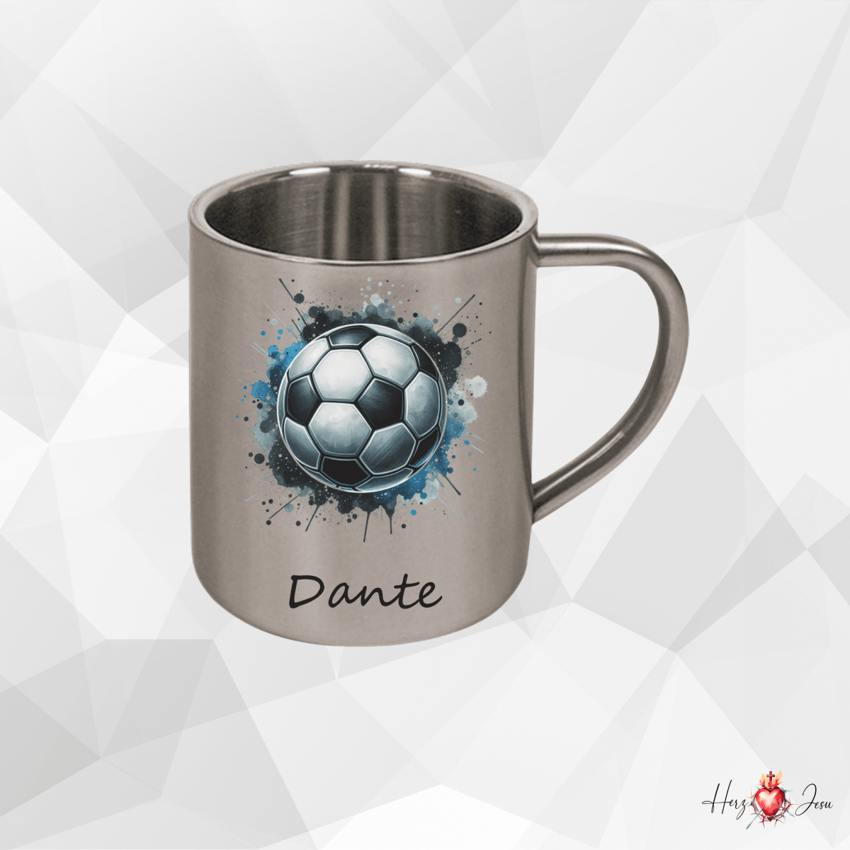 Personalisierte Edelstahl Tasse mit Namen Kaffeetasse Geschenkidee Camping Fußball_011K - Herz Jesu