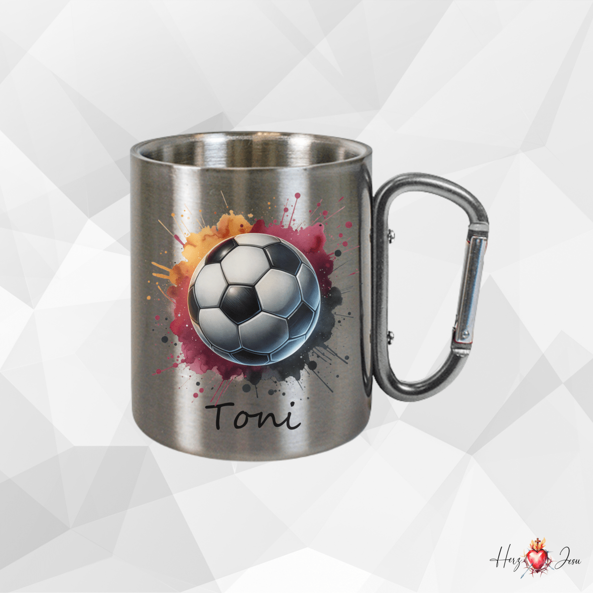Personalisierte Edelstahl Tasse mit Namen Kaffeetasse Geschenkidee Camping Fußball_011K - Herz Jesu