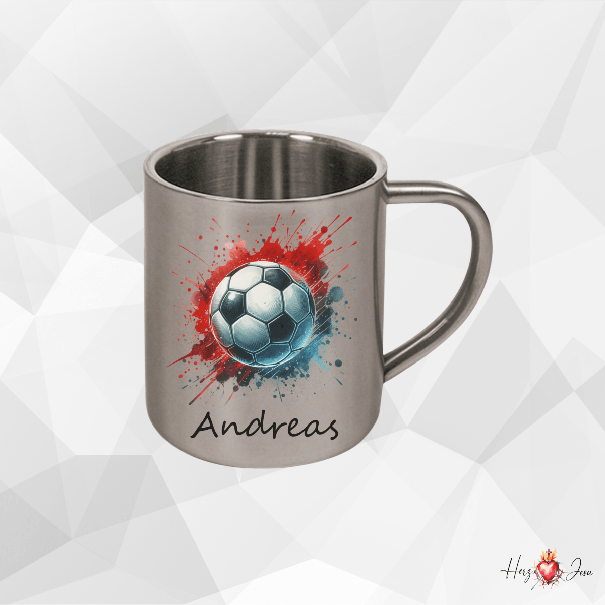 Personalisierte Edelstahl Tasse mit Namen Kaffeetasse Geschenkidee Camping Fußball_011K - Herz Jesu