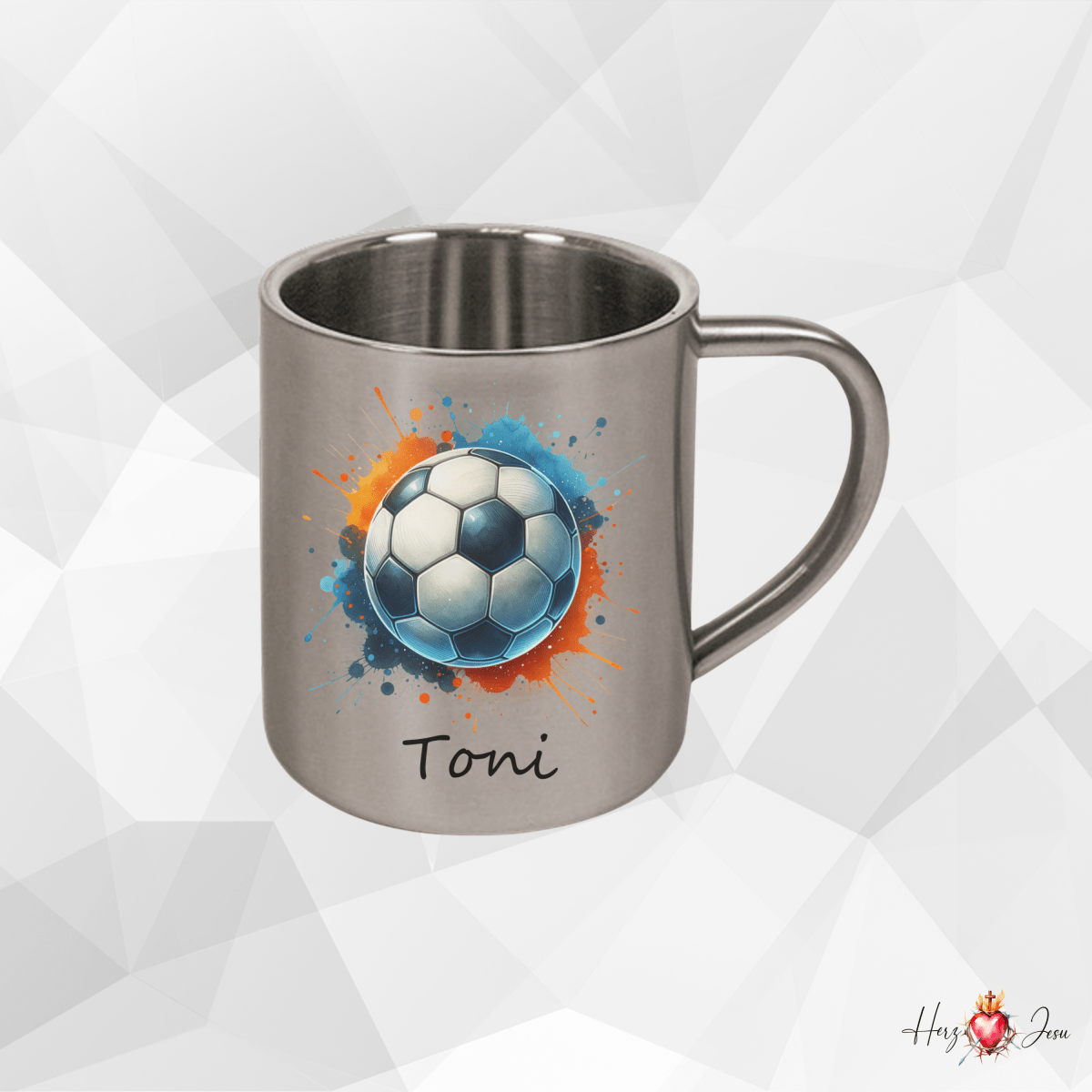 Personalisierte Edelstahl Tasse mit Namen Kaffeetasse Geschenkidee Camping Fußball_011K - Herz Jesu