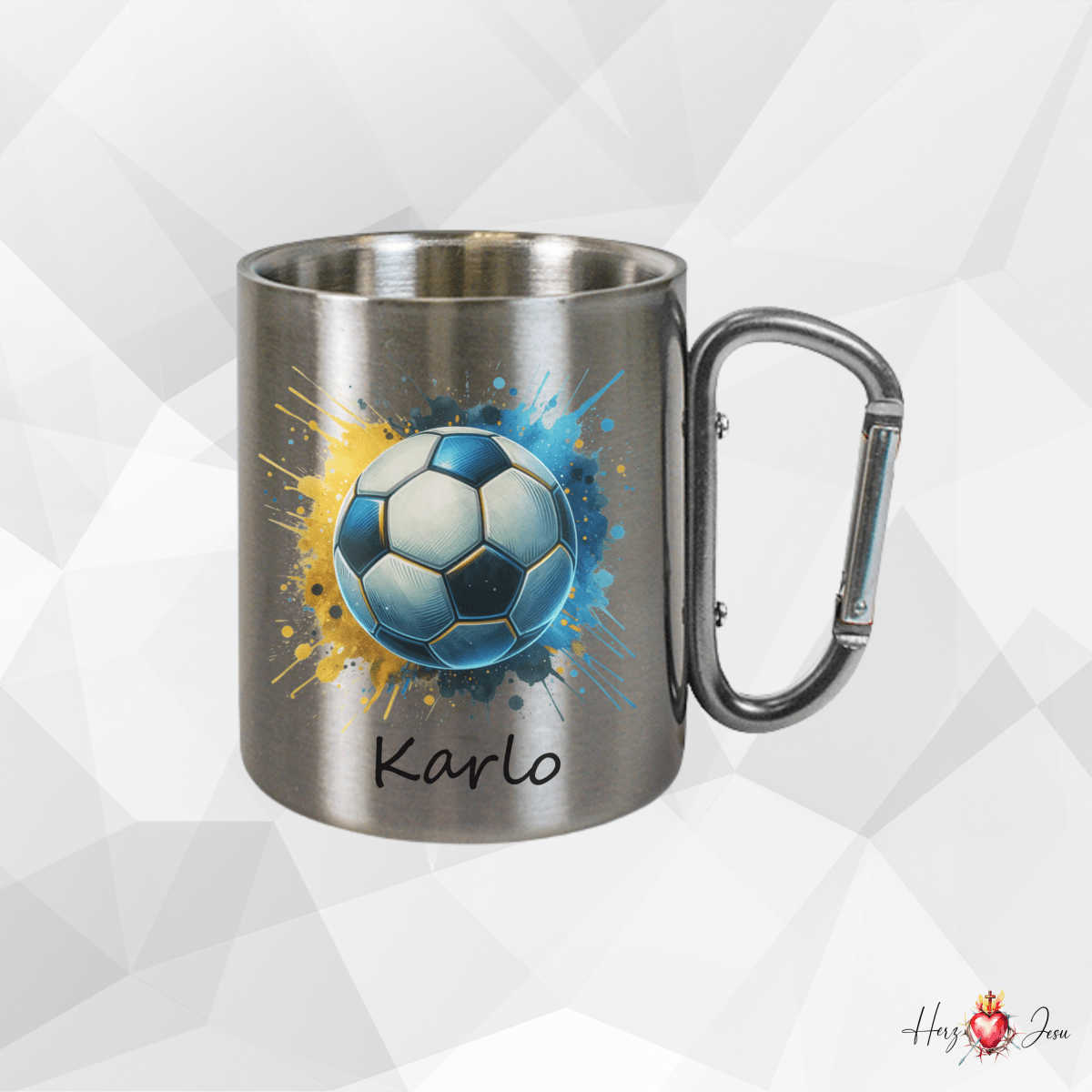 Personalisierte Edelstahl Tasse mit Namen Kaffeetasse Geschenkidee Camping Fußball_011K - Herz Jesu