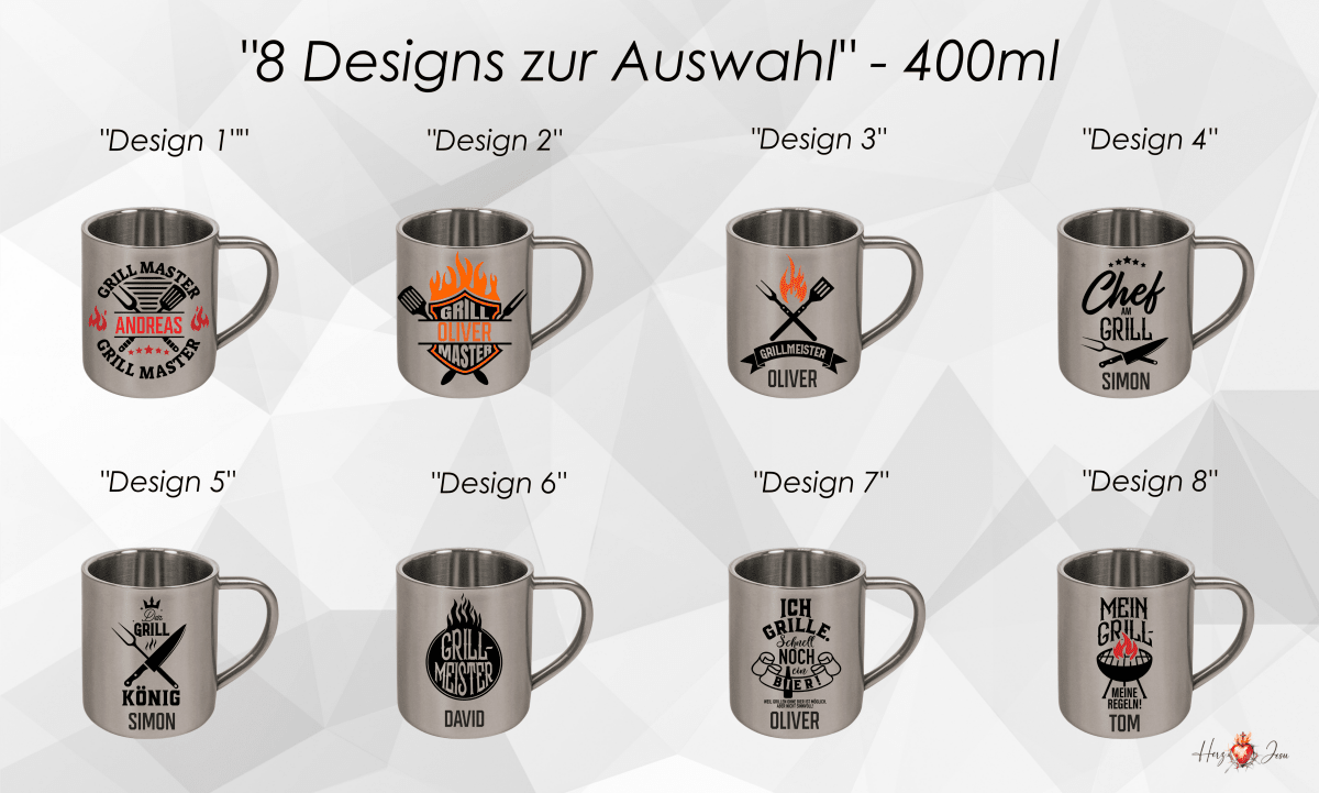 Personalisierte Edelstahl Tasse mit Namen Kaffeetasse Geschenkidee Camping Grill_017K - Herz Jesu