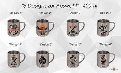 Personalisierte Edelstahl Tasse mit Namen Kaffeetasse Geschenkidee Camping Grill_017K - Herz Jesu