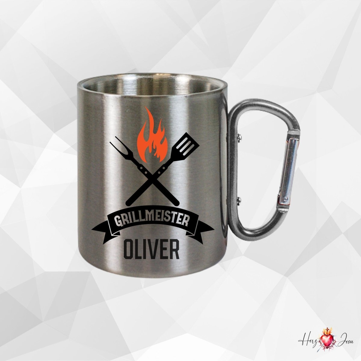 Personalisierte Edelstahl Tasse mit Namen Kaffeetasse Geschenkidee Camping Grill_017K - Herz Jesu