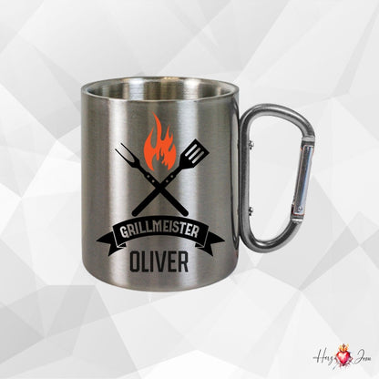 Personalisierte Edelstahl Tasse mit Namen Kaffeetasse Geschenkidee Camping Grill_017K - Herz Jesu