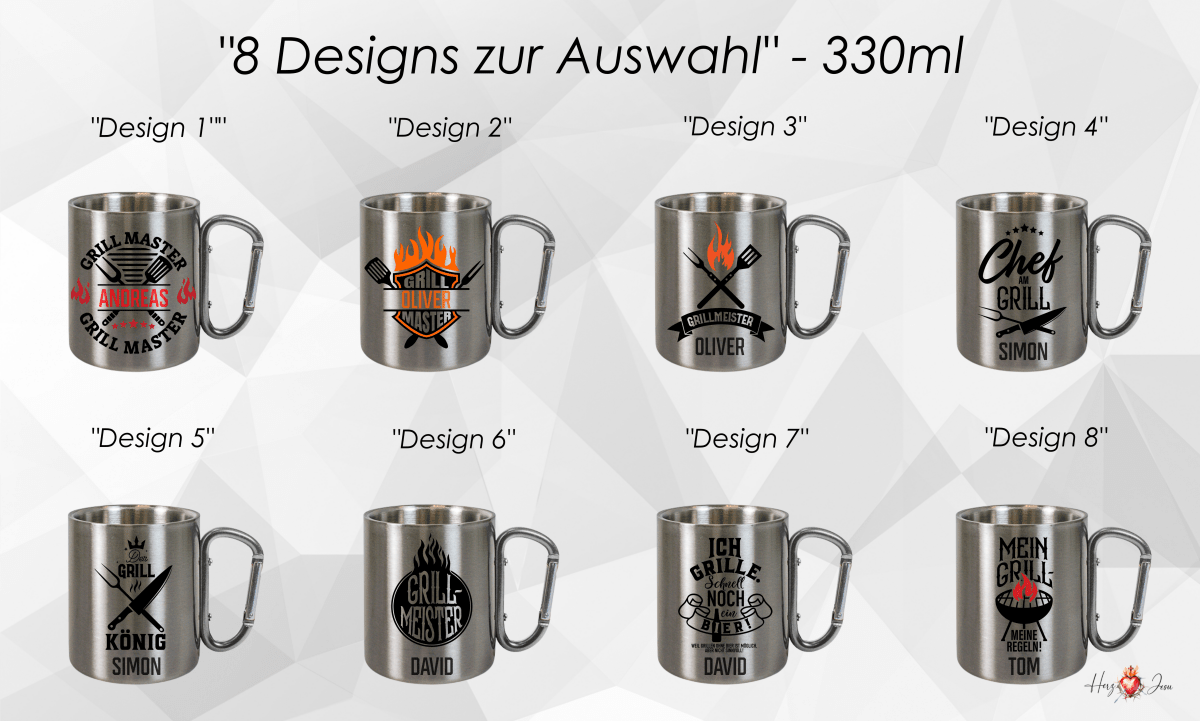 Personalisierte Edelstahl Tasse mit Namen Kaffeetasse Geschenkidee Camping Grill_017K - Herz Jesu