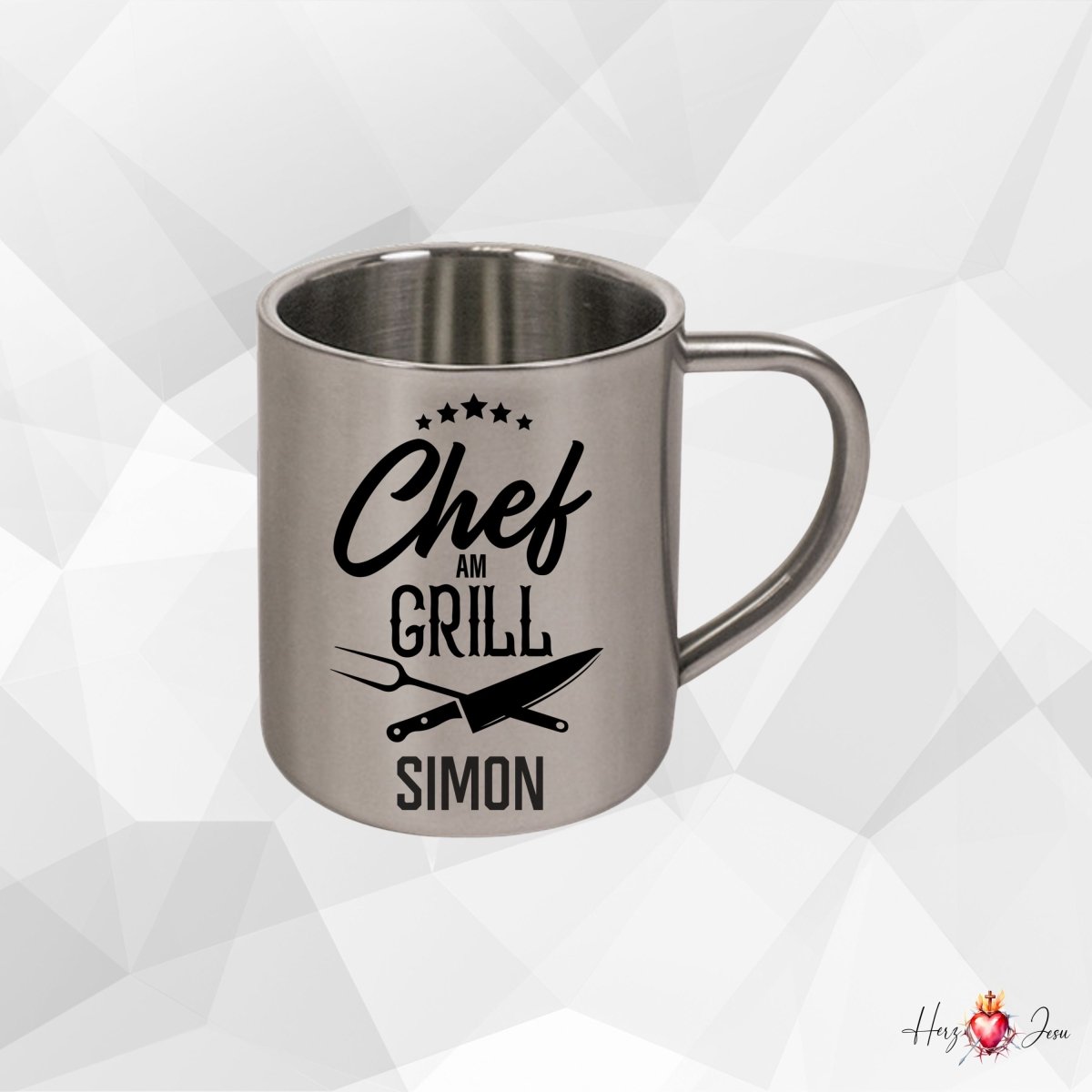 Personalisierte Edelstahl Tasse mit Namen Kaffeetasse Geschenkidee Camping Grill_017K - Herz Jesu