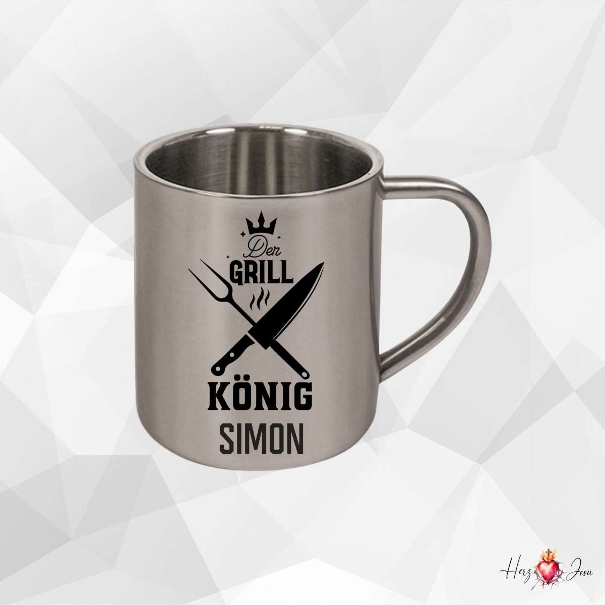 Personalisierte Edelstahl Tasse mit Namen Kaffeetasse Geschenkidee Camping Grill_017K - Herz Jesu