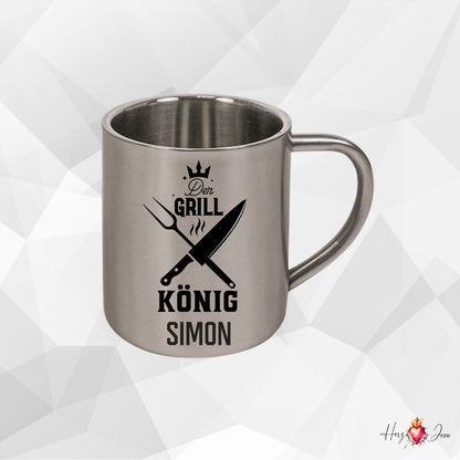 Personalisierte Edelstahl Tasse mit Namen Kaffeetasse Geschenkidee Camping Grill_017K - Herz Jesu