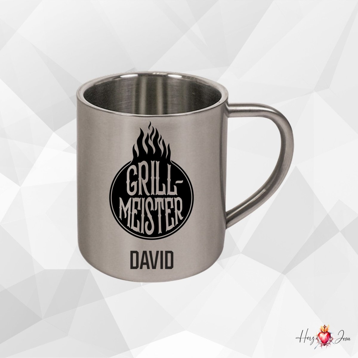 Personalisierte Edelstahl Tasse mit Namen Kaffeetasse Geschenkidee Camping Grill_017K - Herz Jesu