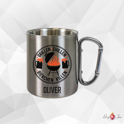 Personalisierte Edelstahl Tasse mit Namen Kaffeetasse Geschenkidee Camping Grill_018K - Herz Jesu