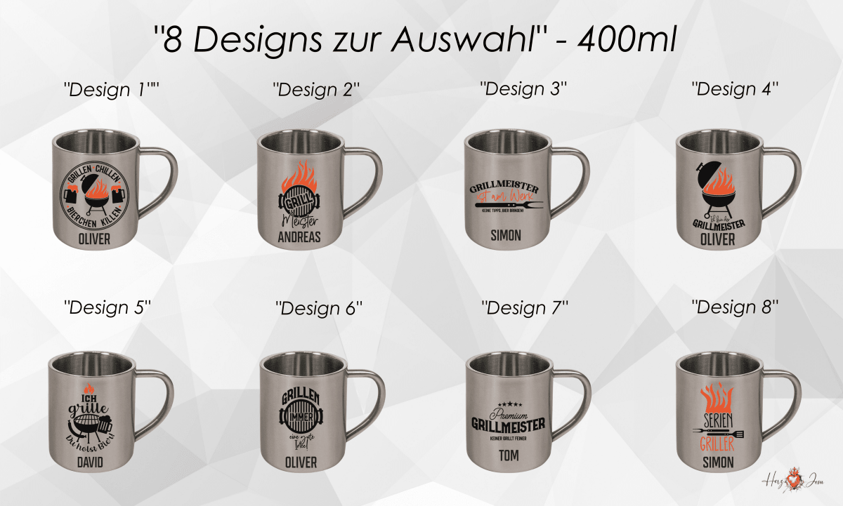 Personalisierte Edelstahl Tasse mit Namen Kaffeetasse Geschenkidee Camping Grill_018K - Herz Jesu