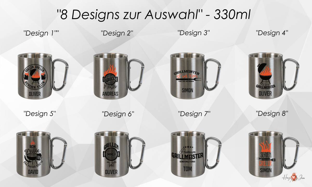 Personalisierte Edelstahl Tasse mit Namen Kaffeetasse Geschenkidee Camping Grill_018K - Herz Jesu