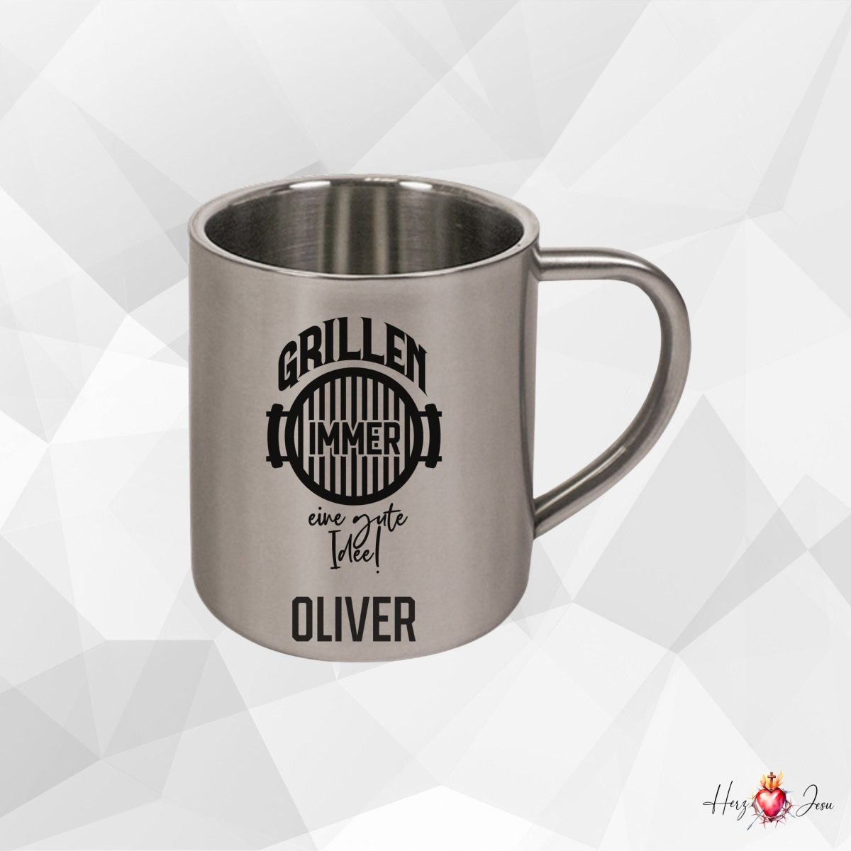 Personalisierte Edelstahl Tasse mit Namen Kaffeetasse Geschenkidee Camping Grill_018K - Herz Jesu
